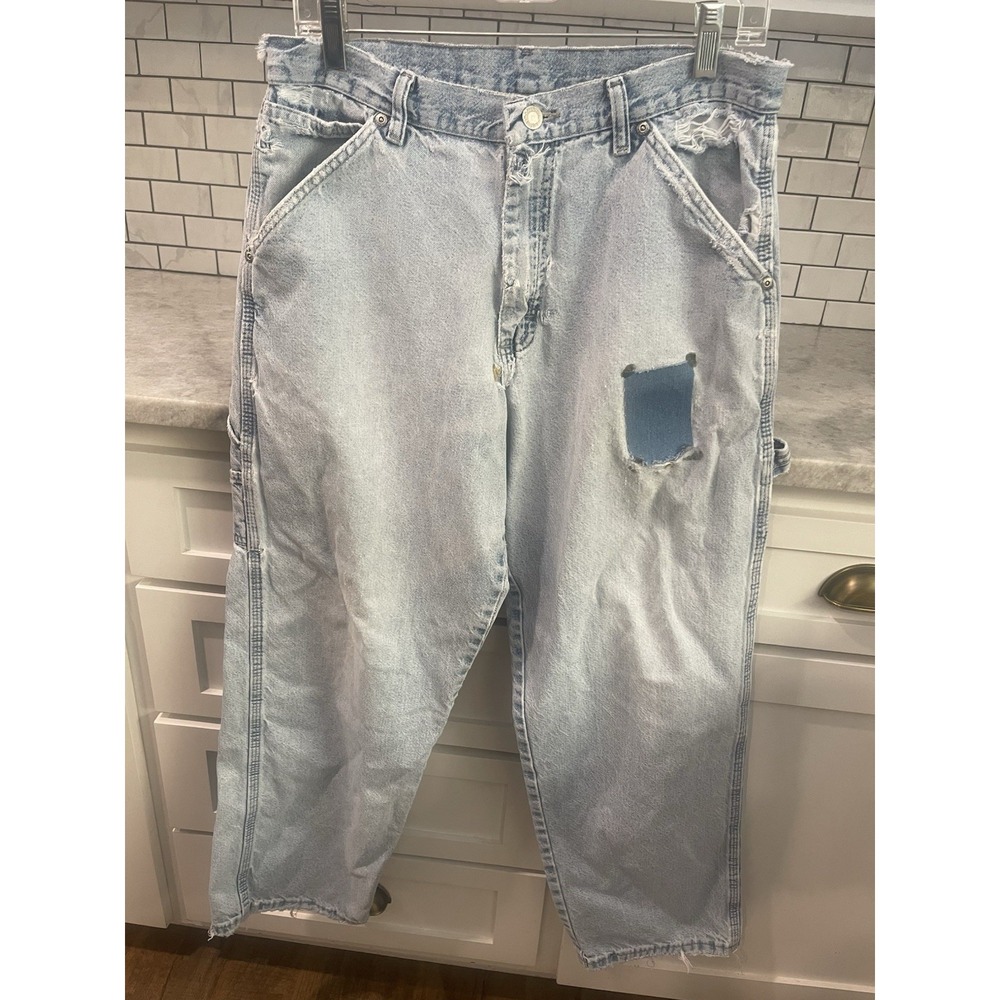 Vintage Wrangler Jeans Mens 31 Blue Patched Cargo Distressed Retro Y2K 29 Inseam